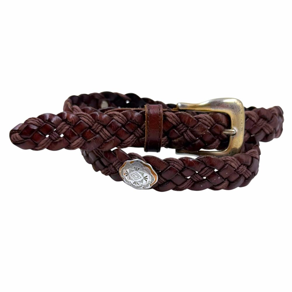 Vtg 90s Fossil Brown Braided Leather Concho Belt Silver Studded Woven Boho M